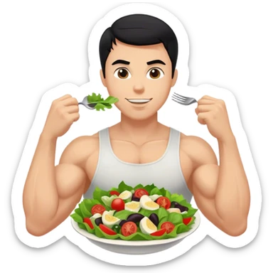 White guy with black hair and arm muscles eating a salad sticker
