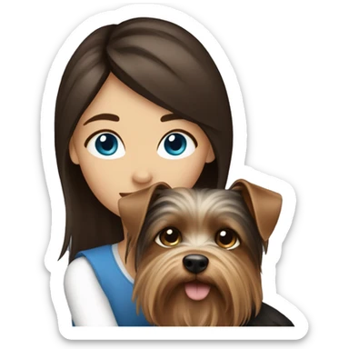 A brunette girl with blue eyes hug her dog Yorkshire Terrier sticker