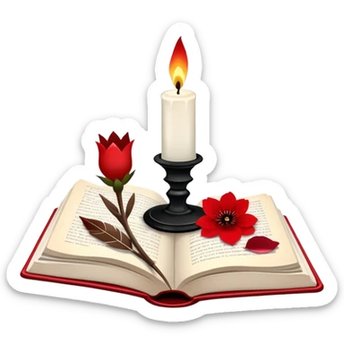 Aesthetic candle, quill dipped inside ink-glass, open book, flower petals sticker