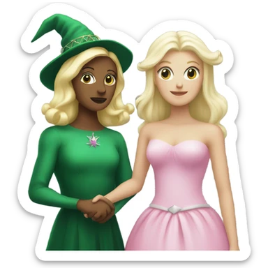 Green witch holding hands with a white blonde woman in a big pink dress and a tiara  sticker