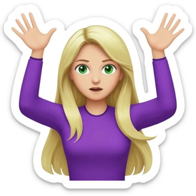lady with long blonde hair, green eyes and purple top throwing arms in the as if confused sticker