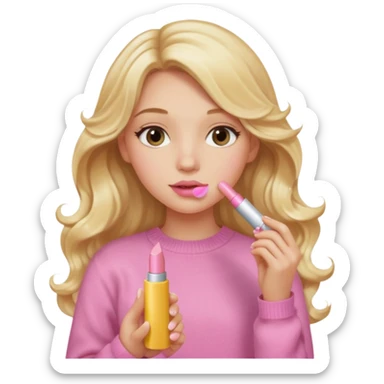 A long curled blonde haired  young girl with a pink sweater and holding a clear lip gloss sticker