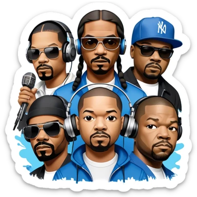 Icon for Rap Music: collage of rap legends—Snoop Dogg, Ice Cube, Dr. Dre, and 50 Cent. Iconic elements include microphones, headphones, and urban street elements like graffiti. Bold, energetic vibe with a hip-hop style. Transparent background. sticker
