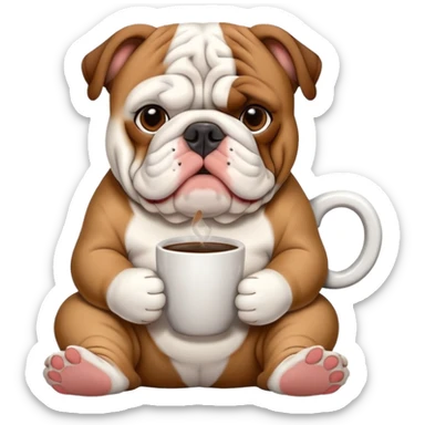 English bulldog sitting with a coffee cup sticker