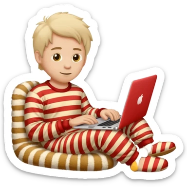 man in striped pajamas and fuzzy slippers typing on a laptop, emoji style sticker