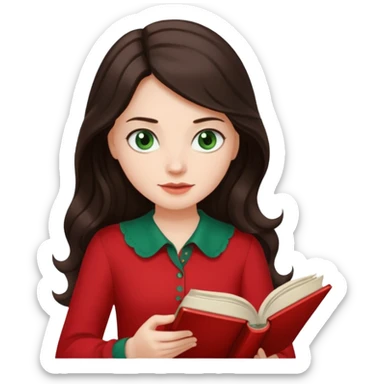 Long wavy dark brown haired, white skinned, dark green eyed girl in red blouse reading a book with a white background  sticker