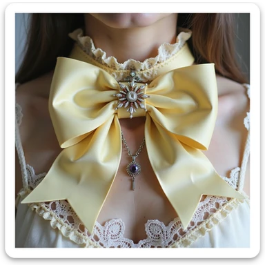 pastel yellow gothic bow and matching accessories including choker, hair clip, brooch, ring with lace and velvet details, photorealistic style, transparent background, variation 1 sticker