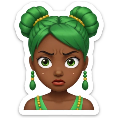 Create a 3D cartoon-style girl character with dark skin, round face, angry expression, big wide eyes, and tightly styled double buns made of green beaded hair. The girl should look irritated, eyebrows sharply angled, and lips pressed in a frown. sticker
