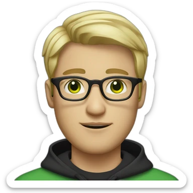 A blond short haired man with green eyes and a black sweatshirt with clear glasses sticker