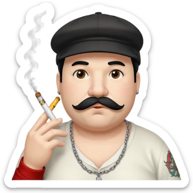a fat father with white fur, black hair, a hip hop cap, a tattoo with a cigarette in his mouth, and a mustache. sticker