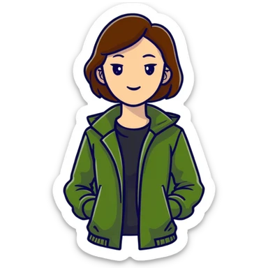 woman wearing dark olive green jacket over a lighter green top sticker