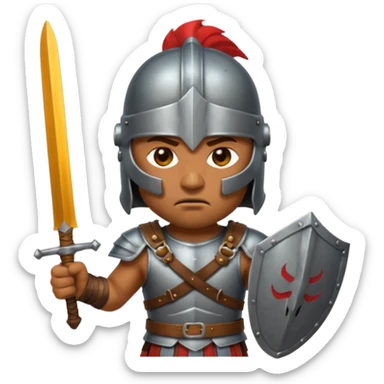 Emoji portrait of an entertainment slave (gladiator). He has an angry expression and wears a helmet, holding a short sword. sticker