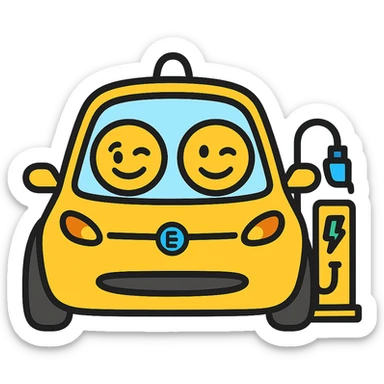 Change the EV car to yellow, keep the adorable round eyes and EV charger on the right, with no background. sticker