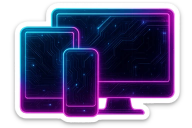 Transform the devices icon (monitor, tablet, and phone) into a cyberpunk, holographic style with glowing neon blue and pink edges, circuit patterns throughout all devices, and a transparent background. Maintain the recognizable shapes of the monitor, tablet, and phone, overlaying neon and circuit effects in the same futuristic, clean style as previous cyberpunk icons. The whole icon should have a consistent cyberpunk glow and intricate circuit details. sticker
