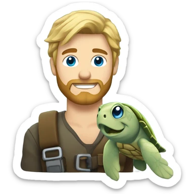 Bearded blond man with spikey hair and blue eyes holding a sea turtle  sticker