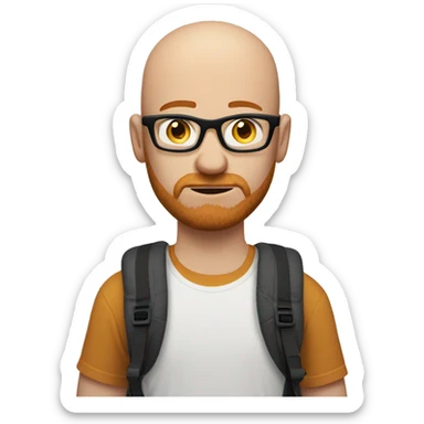 bald young man with ginger beard and black thin glasses, sad face, white t-shirt, backpack with action camera on his shoulder sticker