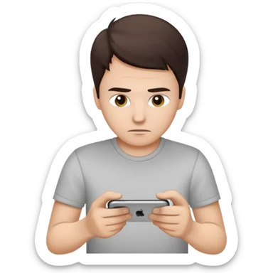 make a white guy with dark brown hair, with a simple white o grey shirt, repairing an iphone, un tecnico sticker