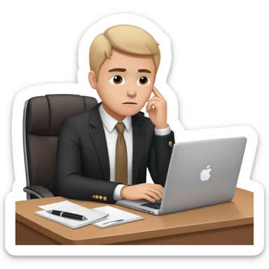 A man in corporate attire sitting at a desk, having fatigue while working on a laptop sticker