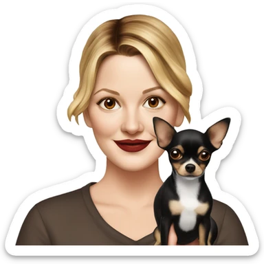 Drew Barrymore with a black and brown Chihuahua sticker