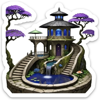 Alien saucer house jungle-vines precarious narrow stairway fountain koi pond mountain-island getaway nighttime landscape antique mudman very old broken cracked intricate Stone Age lapis-crusted irregular dodecagon-shaped shallow dark moss rough bark violet serissa flowered maple tree bonsai pot sticker