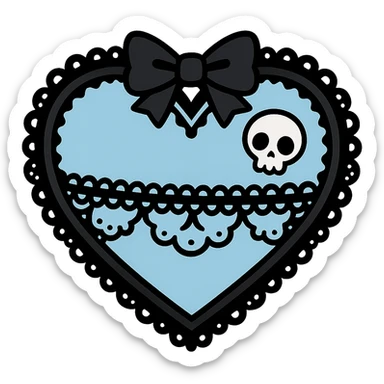 pastel goth heart with lace and a tiny skull, baby blue and black, kawaii gothic style sticker