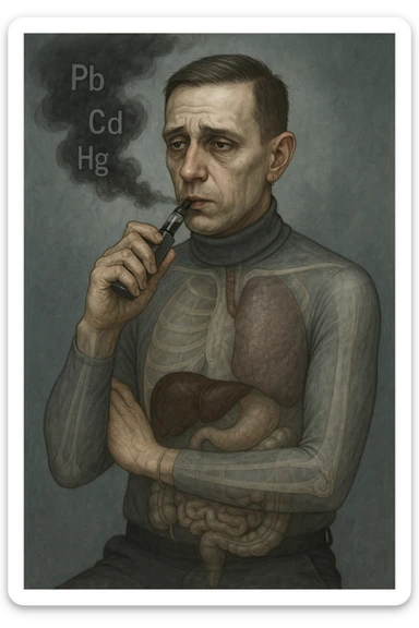 Realistic medical style illustration of a man aged 30-40 years with pale skin, dull eyes, and a tired face, inspired by the reference photo. He holds an electronic cigarette emitting dark smoke with chemical symbols Pb, Cd, Hg. His body is transparent showing dark liver and intestines. The atmosphere is gloomy with metallic colors, realistic medical style. sticker