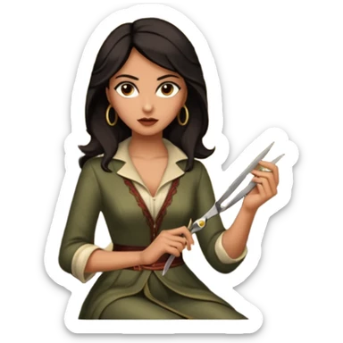Delilah, a beautiful Philistine woman with dark hair and elegant clothing, seated in a dimly lit room. She has a cunning, seductive expression as she holds a pair of scissors, symbolizing her betrayal of Samson. sticker