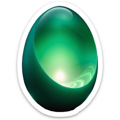 A surreal, glowing alien egg or orb suspended in darkness. The object is oval-shaped with a smooth, almost translucent white surface and subtle iridescent gradients. At the center, there is a bright, intense green light source emitting an eerie glow, giving the appearance of a core or energy source. Around the green core, dark cloudy textures swirl within the egg, creating a mysterious, cosmic vortex-like effect. The background is completely black, making the glowing object appear isolated and powerful. sticker