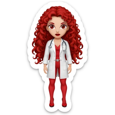 Sensual Spanish Lilith core evil surgeon.red outfit.  Surgeon has red eyes. Her hair is BROWN. Hair is also  long and  curly. wearing a sexy surgeon outfit with platform heels.she is a calculated smart cereal killer. She covers only her mouth and nose to hide identity  sticker