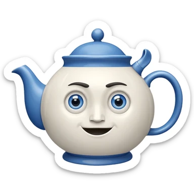 It is a large teapot with legs and a handle extending into an arm. It also has a face with wide-open blue eyes, the frowning like face. sticker