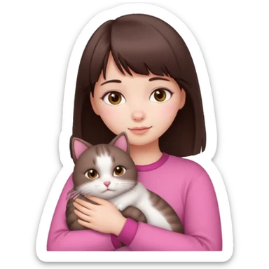 a cute white girl with bangs and straight dark brown hair, brown eye, light makeup wear a pink clothes hugs a cute chubby cat sticker