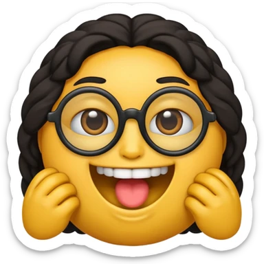 gere um boneco emoji da pele parda com o cabelo cacheado e meio grande, com olhos pretos e um óculos redondo, e também com a boca aberta mostrando os dentes sticker
