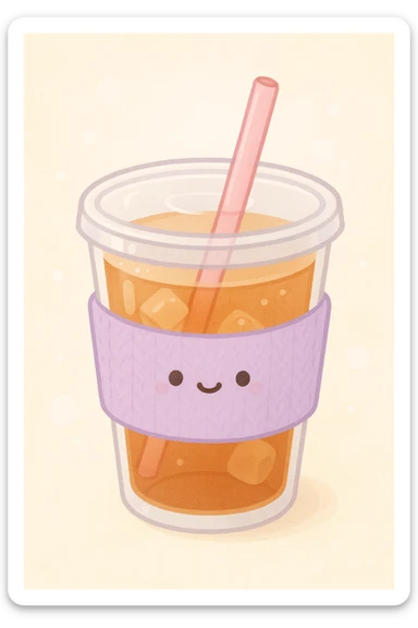 sweet tea cup with a lavender colored sleeve and a pink straw, cute and inviting sticker