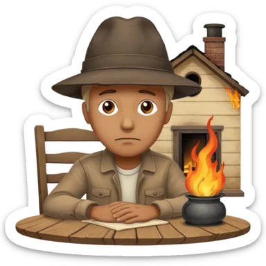 apple style emoji of a sad man at a table, burning house in the background sticker