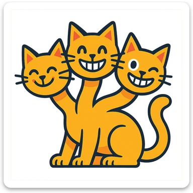 three-headed hydra cat, referencing the grinning cat emoji, whimsical and magical, each head with a distinct personality, bright and fun sticker