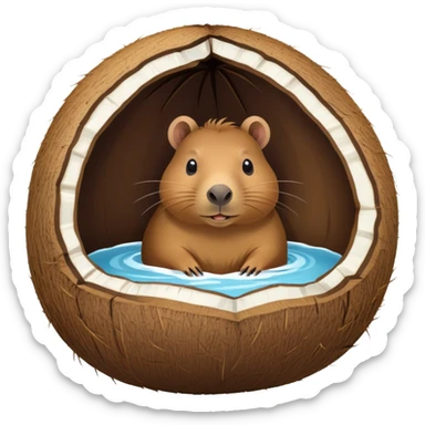 Small capybara inside a hollowed coconut, using it as a cozy home sticker