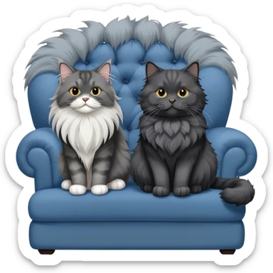 A large black smoke Maine Coon cat with long grey ear tufts and a fluffy grey ruff, sitting next to a chubby British Shorthair cat in blue color with plush fur, both sitting comfortably on a sofa. Beautiful room background with flowers and soft lighting. Transparent background. sticker