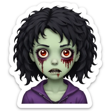 emoji of a zombie girl, black curly hair, medium length, emo, shaggy, dark, creepy face sticker