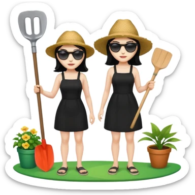 Princess who wearing black dress (woman) black hair holding her phone and a gardening shovel with another hand. She is standing on her feet, there is one green surfing board. sticker