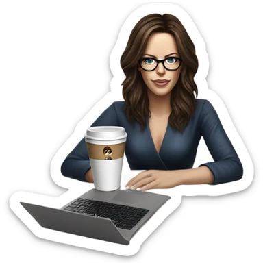 Hyper Realistic Kate Beckinsale dark blue eyes wearing glasses drinking coffee at a laptop  sticker