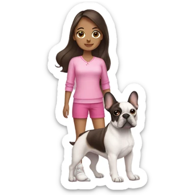 a brunette girl wearing a pink outfit holding a french bulldog sticker