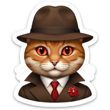 cat corleone mafia, red eyes, close head photo, hat brown with red emblement, RIP sticker