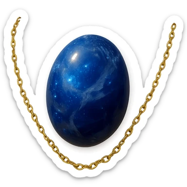 delicate floating gold chain cradling a deep blue stone with swirling white and gray veins, glowing faintly like the night sky, radiating mystery and magic sticker