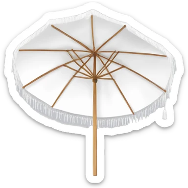 White beach umbrella with short white tassels and a straight wooden pole sticker