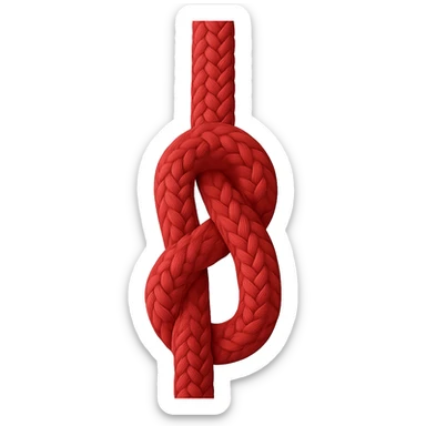 Create an apple-style emoji of a vertical red rope with a simple realistic knot in the middle. The knot should be clear and classic, not resembling a pretzel shape. The style should match the classic apple emoji look. The background should be transparent. sticker