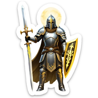 An icon representing a role-playing game (RPG), inspired by Elden Ring. The design features a warrior in armor, holding a sword, standing in front of a mystical, dark landscape with glowing runes and a distant castle. The atmosphere evokes epic quests, exploration, and intense battles. Transparent background sticker