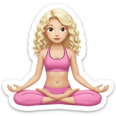 a blond girl sitting in yoga pose in the pink swimwear with white long curly hair sticker