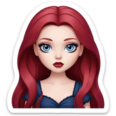  long dark red hair, pale skin, dark blue eyes, pretty bratz baddie, black eyeliner, blush sticker