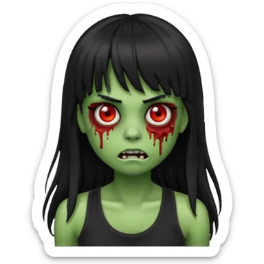 Zombie emoji with long hair black and bangs, with green skin, big red eyes, small nose, and a simple black tank top.  sticker