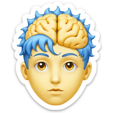 A real person face emoji, skin is emoji yellow, and hair is a blue brain sticker